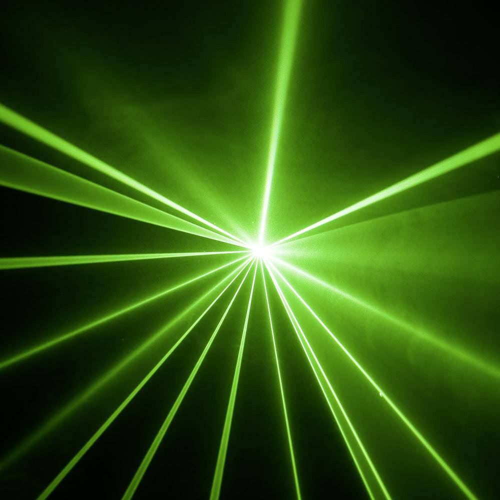 Green laser beams spread out from a central point, creating a radial pattern against a dark background.