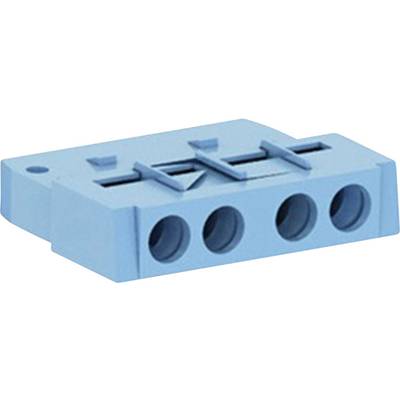 A blue, rectangular electrical plug with four round sockets and levers on the top surface for cable securing.