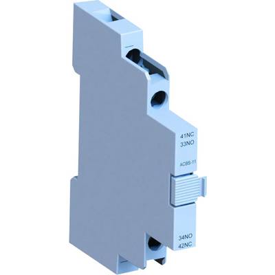 Blue, narrow electrical plug-in terminal block with multiple connections and side switch. Markings: '41NC', '33NO', '34NO', '42NC', 'ACBS-11'.