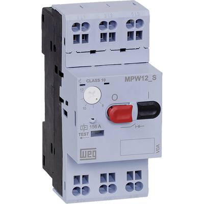Circuit breaker with blue housing colour, red and black switch. Text: 'MPW12_S', 'CLASS 10', 'TEST', '156 A'.