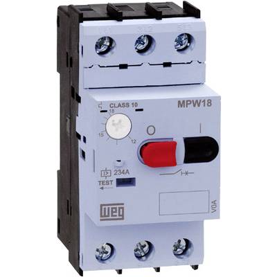 A motor protection switch MPW18 with red and black switches and a test button on the front.