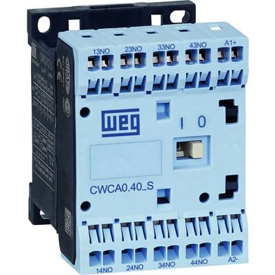 A blue WEG electrical contactor, Model CWCA0.40_S, with multiple connection terminals and a switch in the centre.