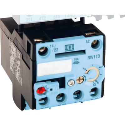 Electric relay by WEG with a blue surface, model number RW17D, showing connections and voltage settings.