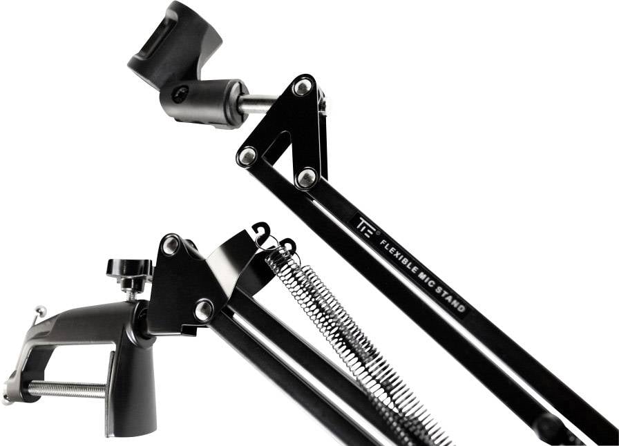 Black, flexible microphone arm with spring mechanism and desk clamp, suitable for mounting microphones in studio settings.