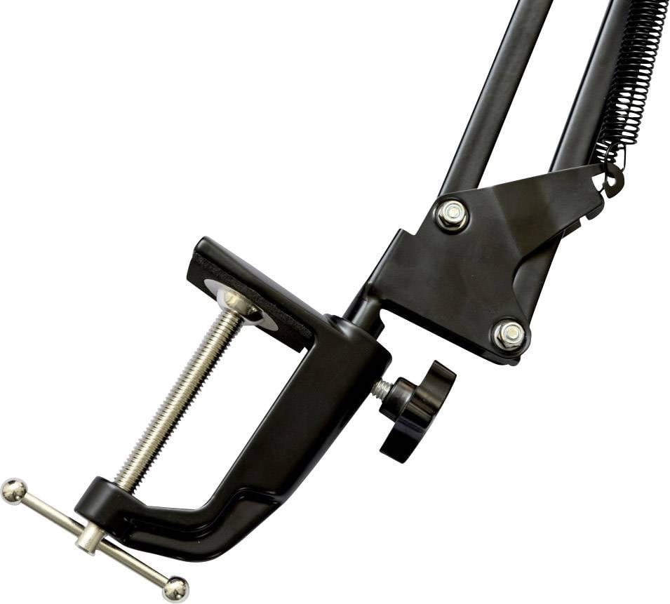 Black table clamp with adjustable screw for securing items to surfaces.