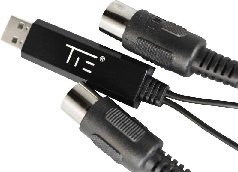 A black USB cable with two MIDI ports. It appears to be an adapter for connecting musical instruments to a computer.