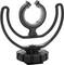 A microphone stand with shock-absorbing mount, suitable for attachment to cameras or tripods to reduce vibrations.