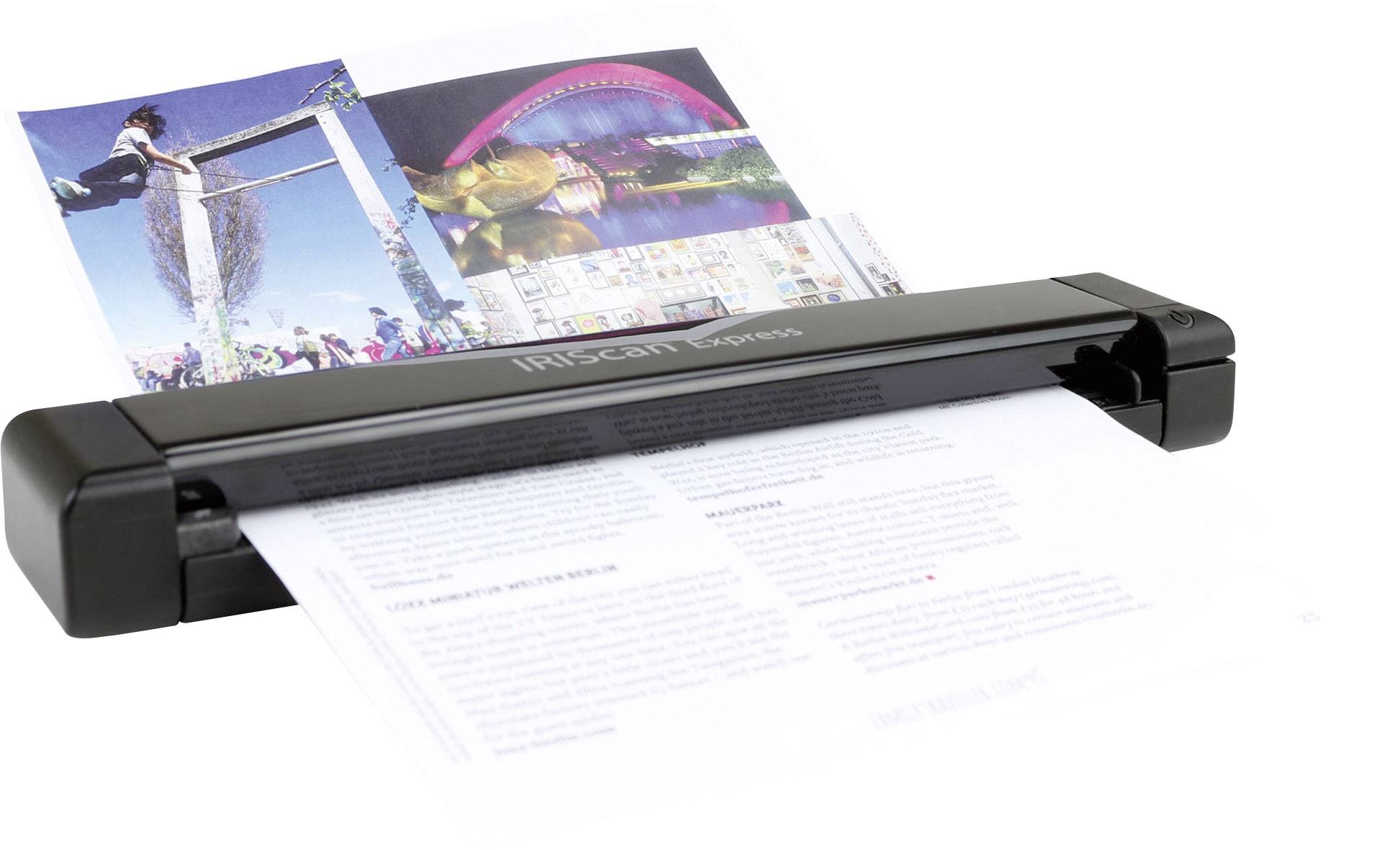 A portable scanner scans a document with text and images. On top are illustrations of various landmarks.