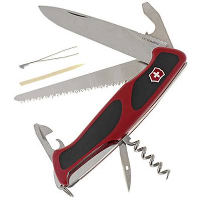 Red pocket knife with multiple tools: large and small blade, corkscrew, saw, bottle opener, screwdriver.