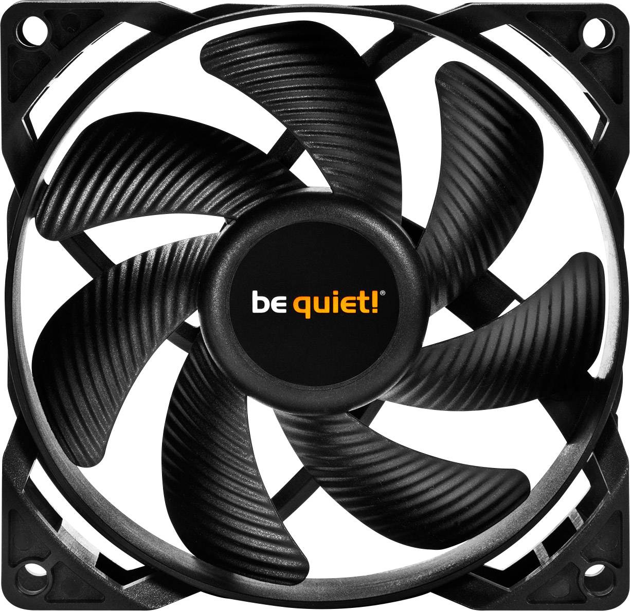 Black PC fan with an orange 'be quiet!' text in the centre, seven fan blades, square frame.