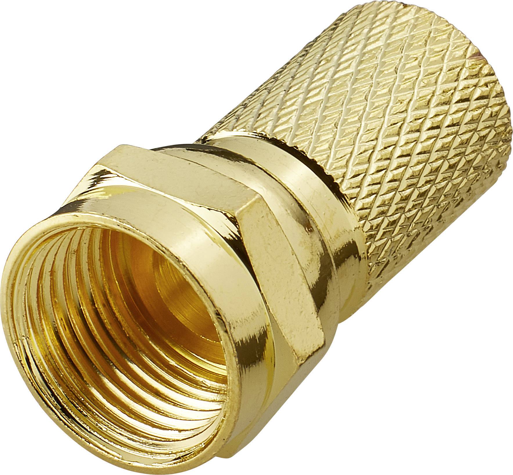 Golden coaxial plug in close-up, knurled surface for better grip, for connecting cables in TV and aerial systems.