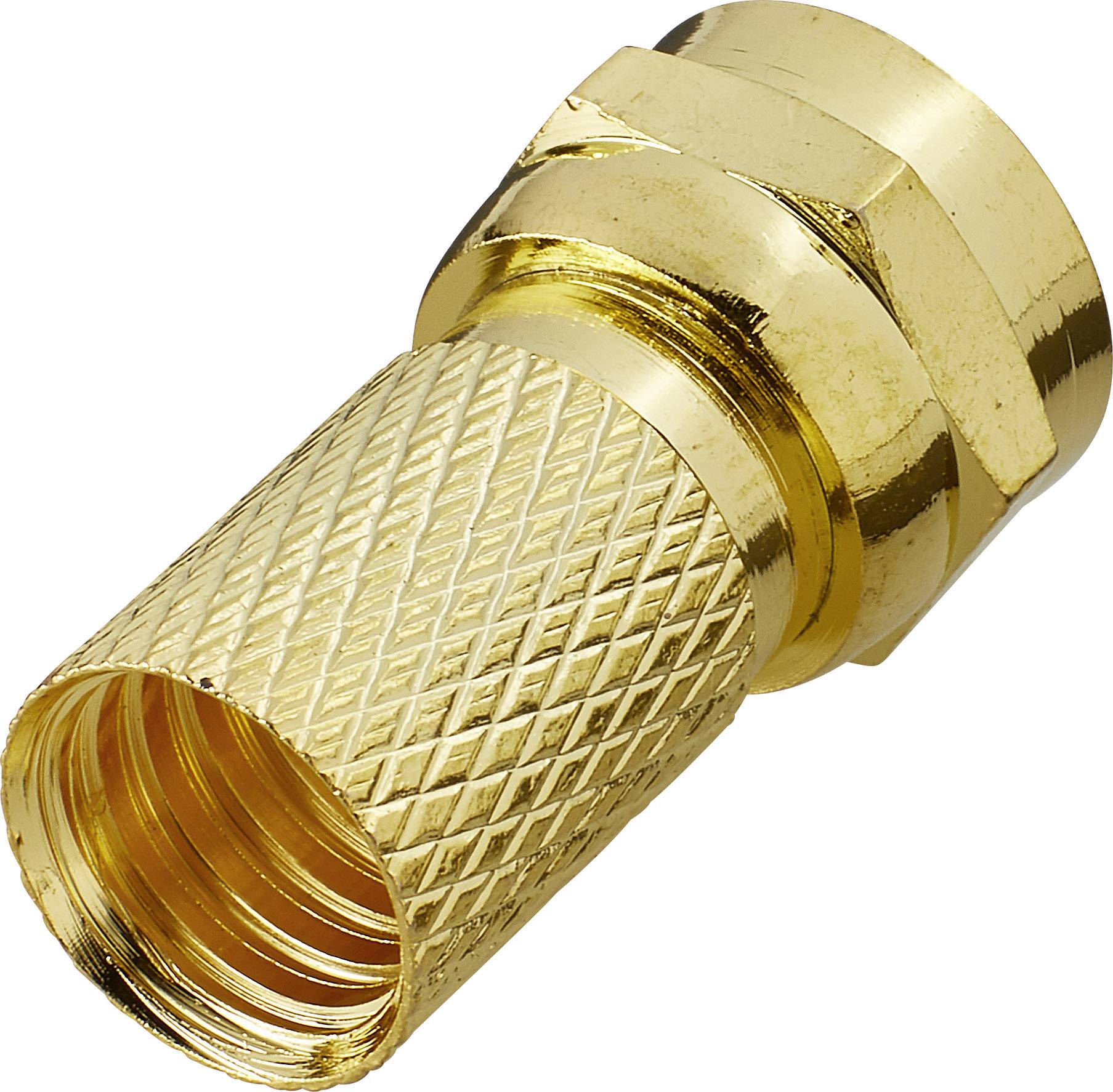 A gold-coloured coaxial plug used for connecting antenna cables. It features a knurled pattern for improved grip.