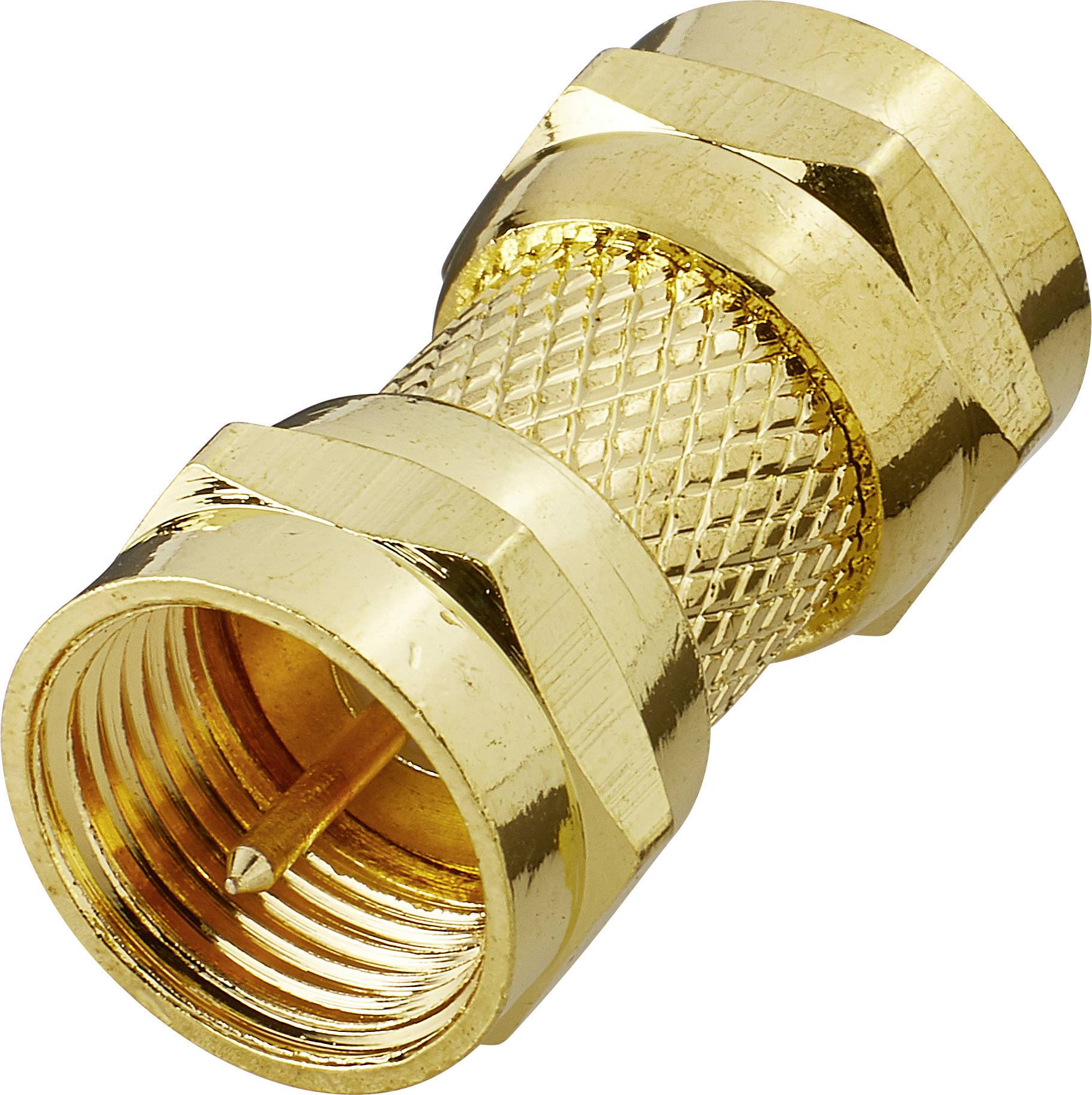 A golden F-connector with a knurled grip, used for connecting coaxial cables, lies on a white surface.