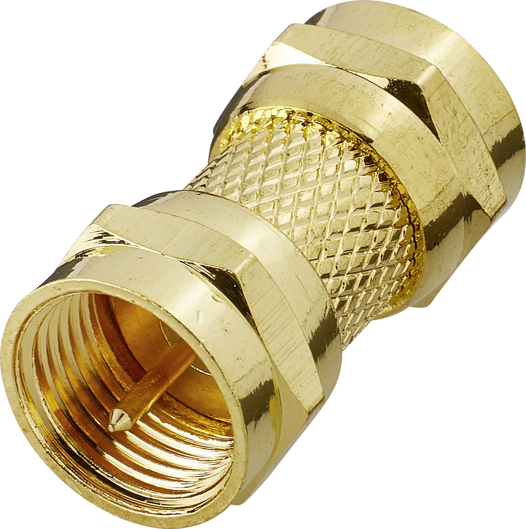 Golden coaxial cable plug with a ribbed surface for better grip, suitable for connecting cables in electronic devices.