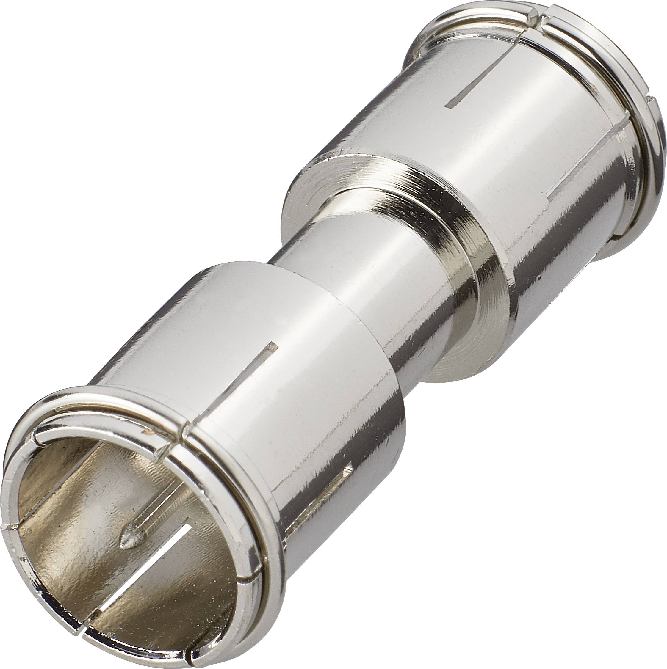 A silver F-type plug adapter for connecting coaxial cables in satellite or cable television technology.