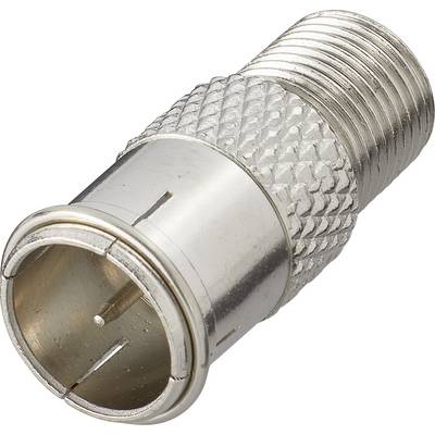 A silver coaxial connector adapter with a knurled grip, used for connecting coaxial cables.