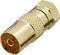 A gold-coloured coaxial plug with a knurled grip structure and hexagonal termination, suitable for cable connections in electronics.