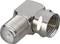 A metal 90-degree angle adaptor used for coaxial cable connections.