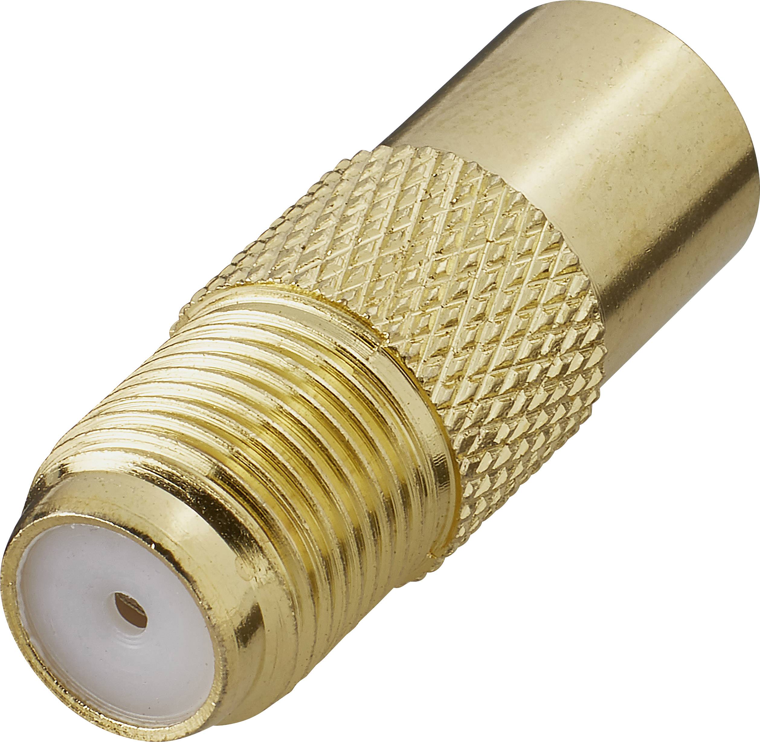 A gold-coloured coaxial plug adapter with a knurled surface and threading. Used for connecting coaxial cables.