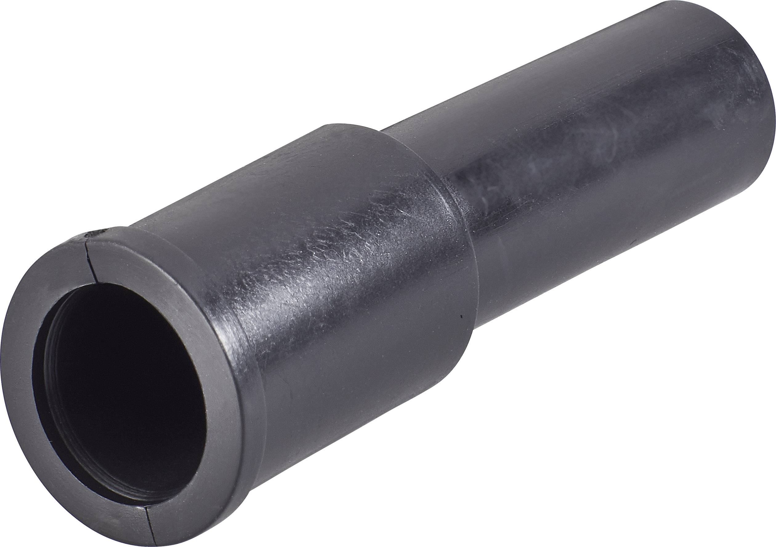 A black cylindrical plastic pipe section used as a connecting adapter for vacuum cleaners.