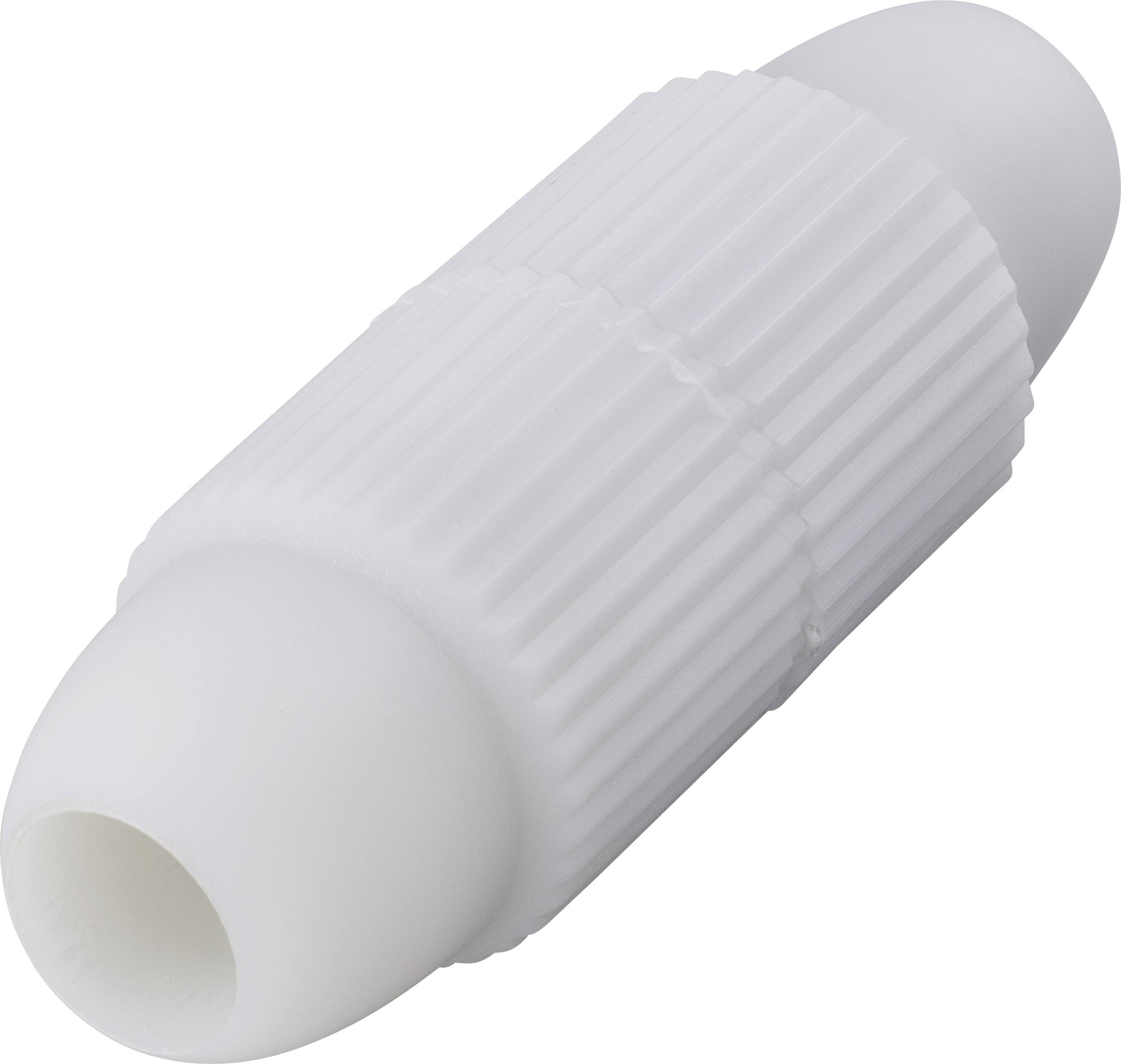 White, cylindrical plastic cap with a ribbed surface, similar to a bottle seal.