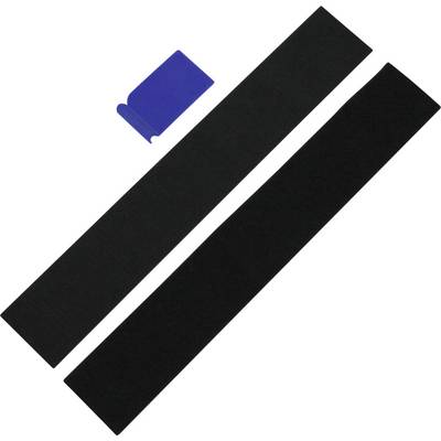 'Two black skateboard grip tape strips and a blue plastic tool for application on skateboard decks.'