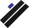 'Two black skateboard grip tape strips and a blue plastic tool for application on skateboard decks.'