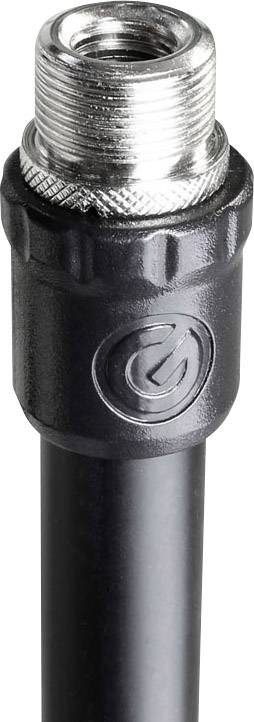 A black hose with metal threading and a twist cap. A circular symbol can be seen on the cap.