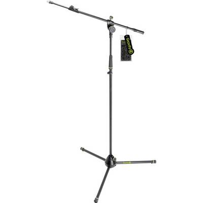 Microphone stand with a three-legged base and adjustable boom arm. Brand attached to a label on the boom arm.