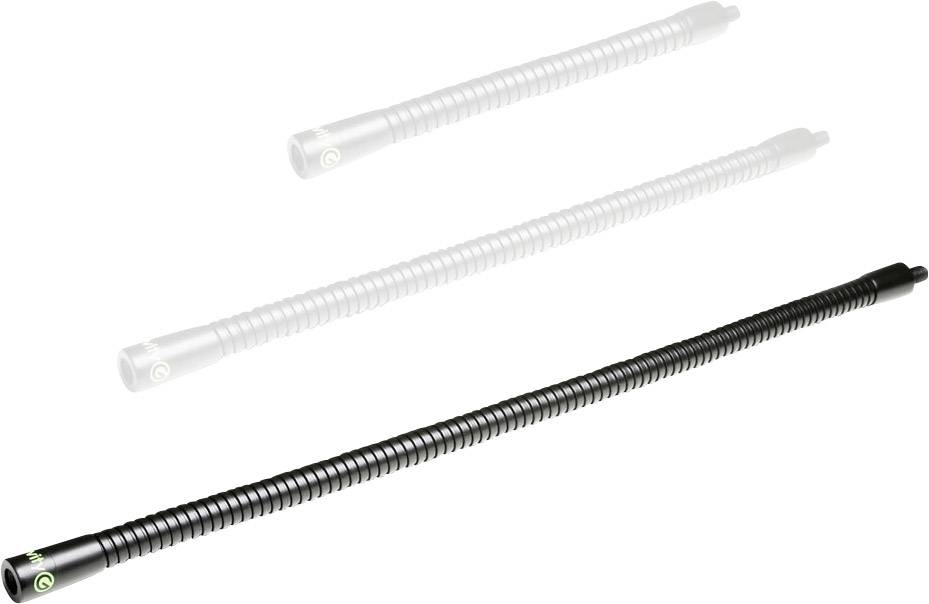 Three flexible black pipes with a green symbol on the head, shown in various states of tension.