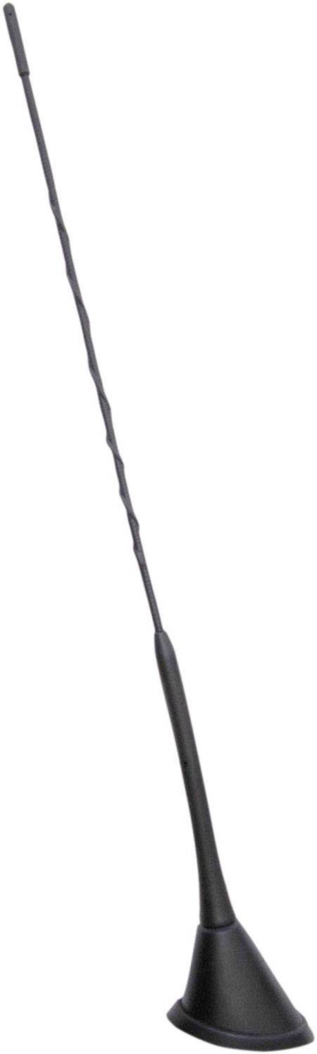 'Black car antenna, elongated with a spiral design. It stands upright and is designed for receiving radio signals.'