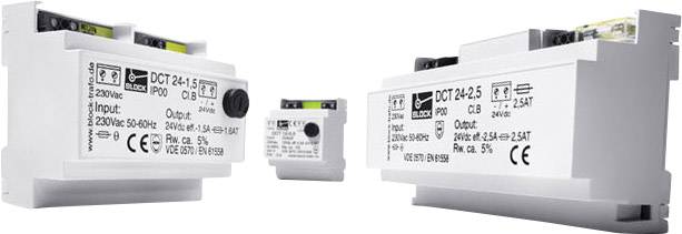 Three white electronic relays of different sizes and specifications. They have labels for input and output.