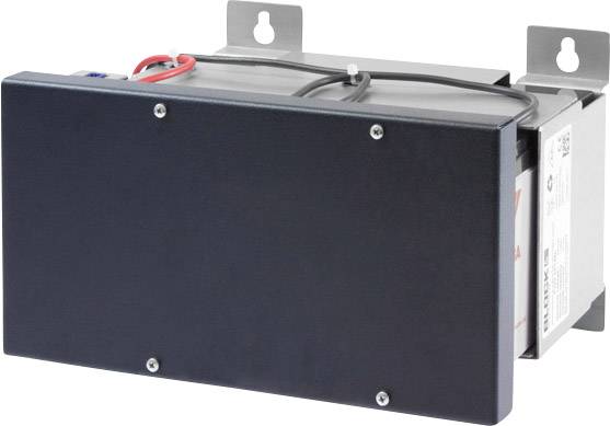 Black metal box with multiple screws and few visible cables, mounted on wall brackets. Electrical device.