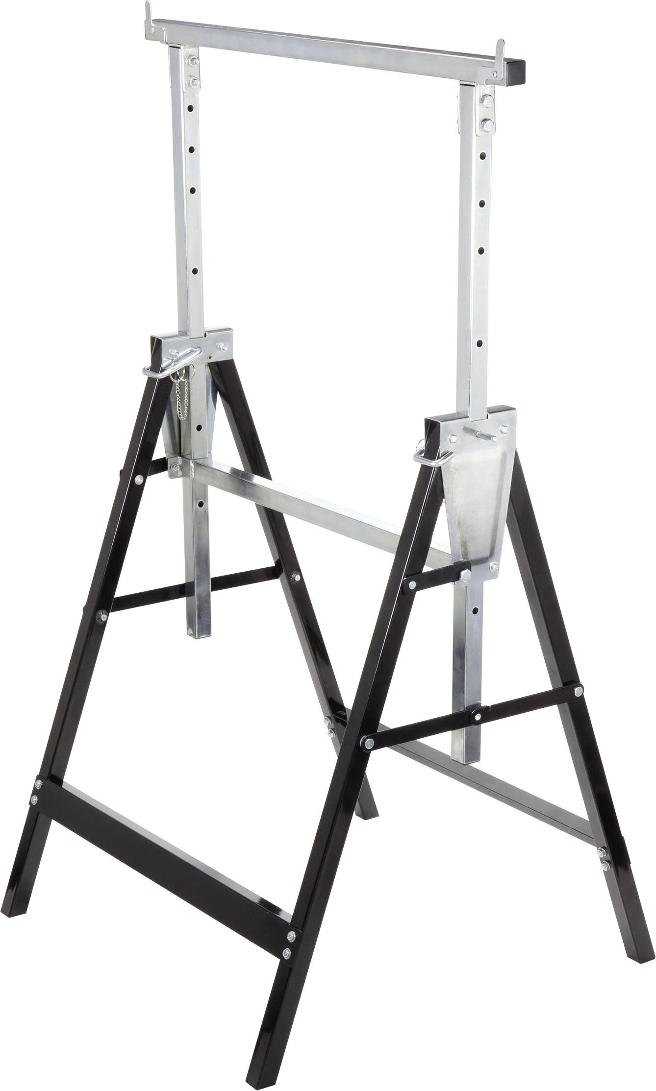 An adjustable metal saw horse with two parallel-connected A-frames, providing stability for carpentry work.