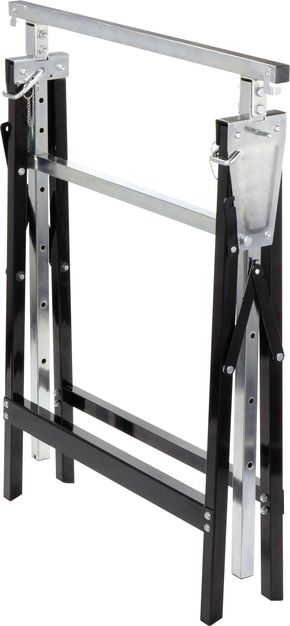 A foldable metal saw horse with a black and silver finish, designed for stability and easy storage.