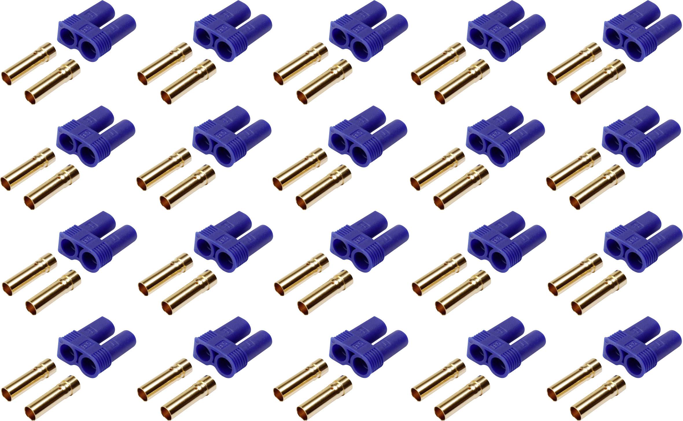 Several blue connector plugs positioned alongside golden metal contacts, evenly arranged on a white background. Suitable for electronic connections.