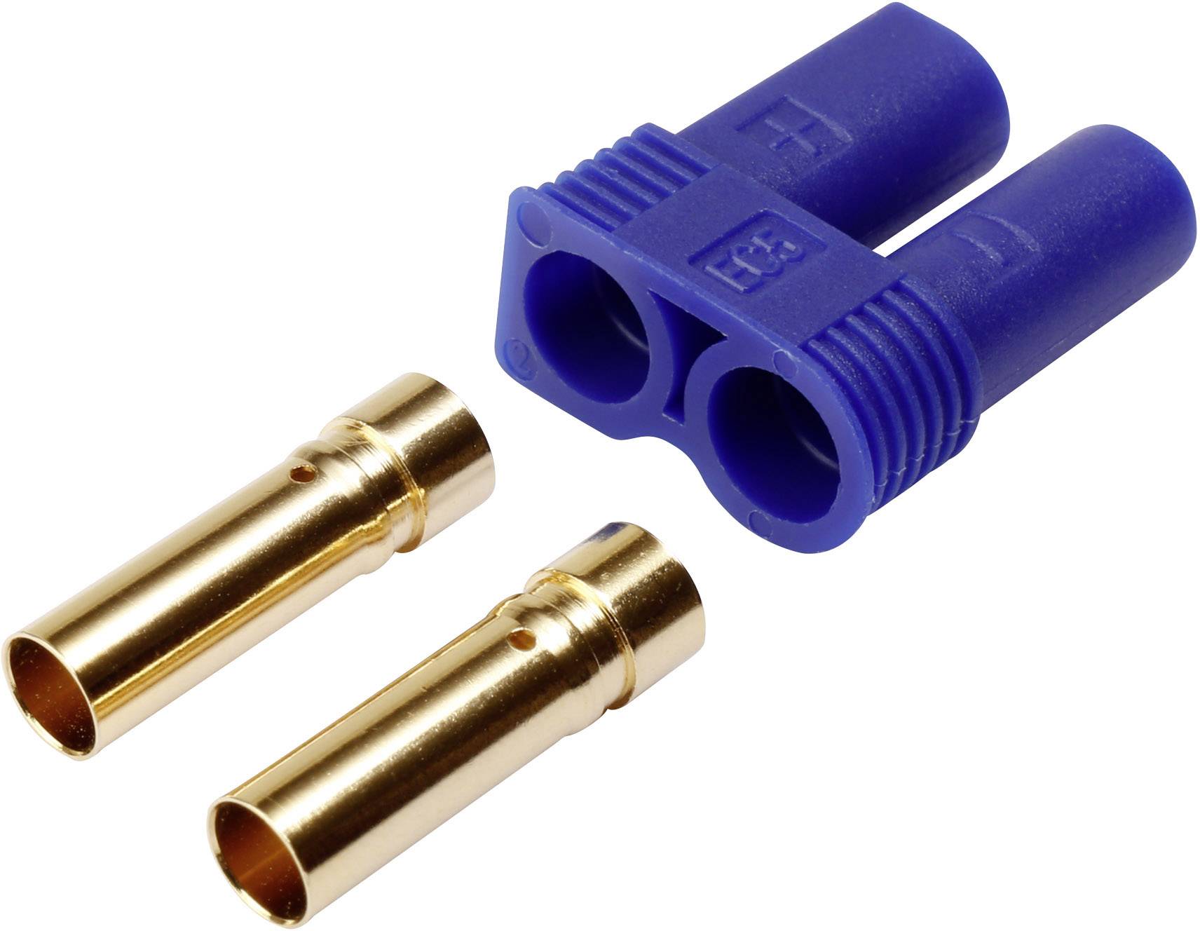 A blue EC5 plug with two gold banana plugs. Commonly used in model building or electrical applications.