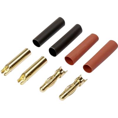 'Golden banana plugs and insulating heat-shrink tubing in black and red.'