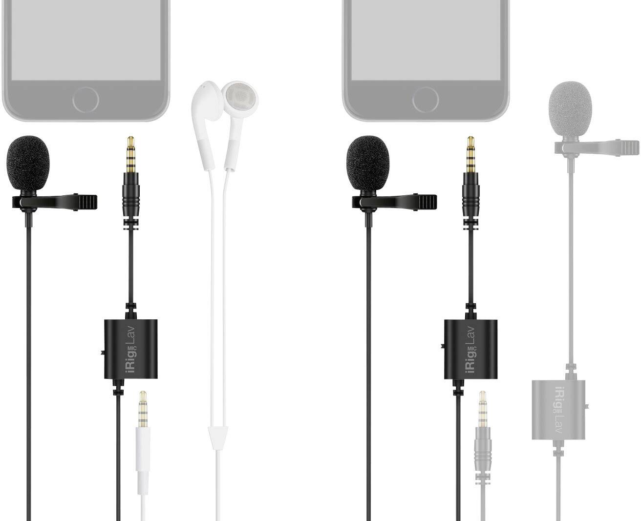 Two smartphone microphones and earphones with connections. On the left, a black lavalier microphone, on the right another one, each connected to a mobile phone.