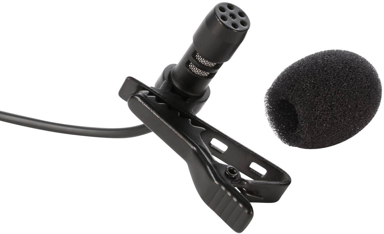 A small lapel microphone with a foam windscreen and attachment clip, ideal for interviews or presentations.