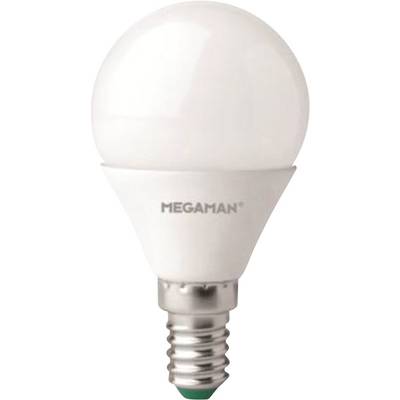 LED light bulb by Megaman with frosted glass dome and small screw base, suitable for energy-efficient lighting.
