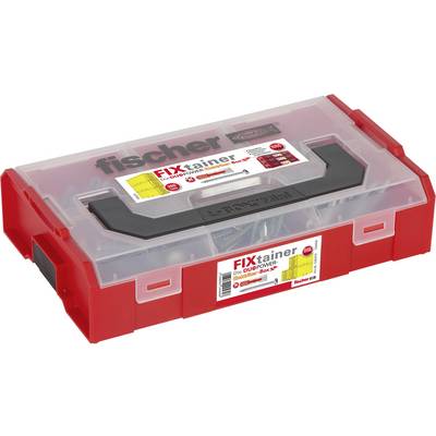 A small red toolbox, labelled with 'fischer' and 'FIXtainer', contains various screws and wall plugs.