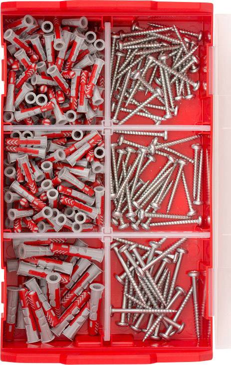 Plastic storage box with multiple compartments: on the left, grey and red wall plugs, on the right, silver screws.