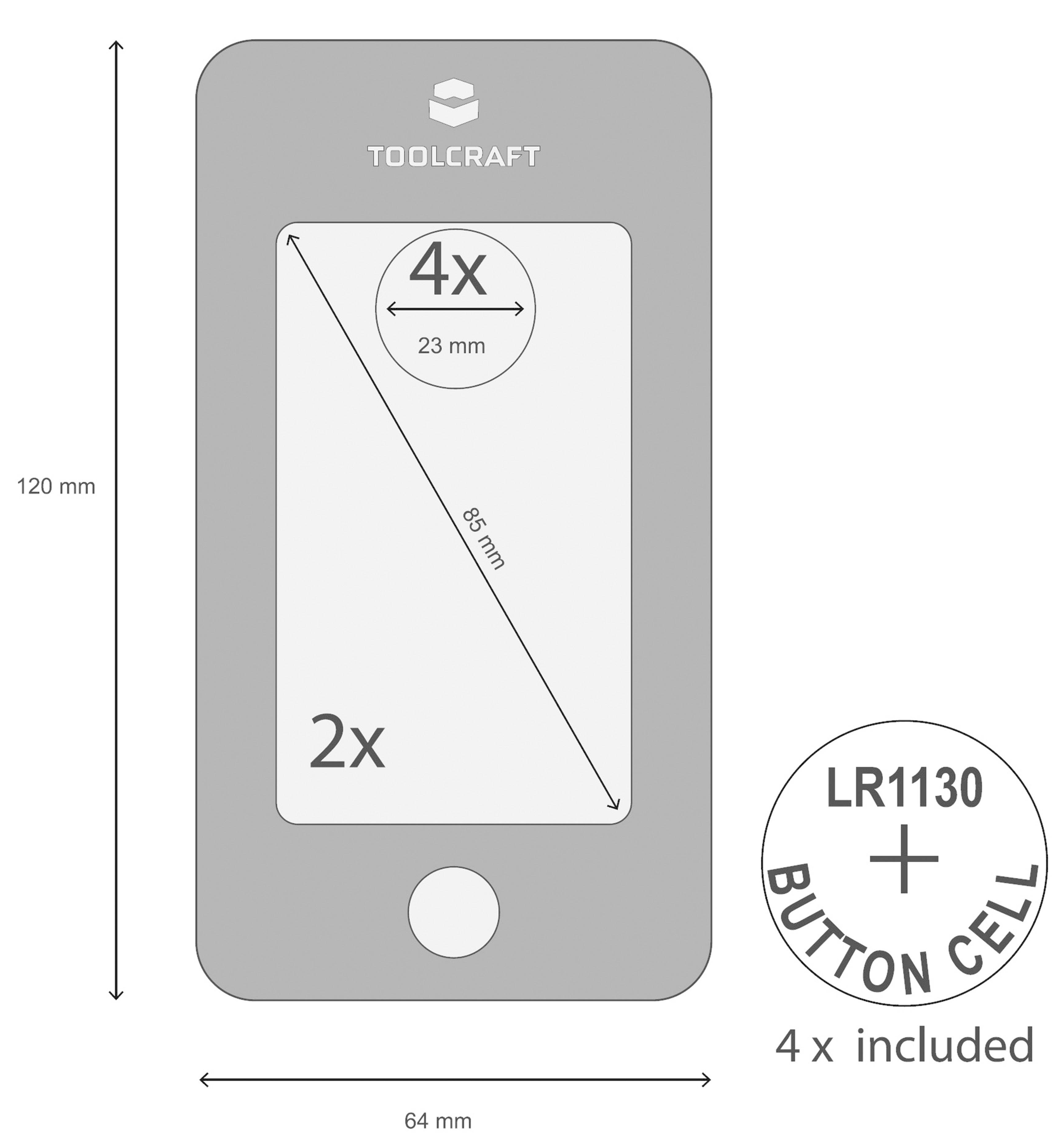 Diagram of a button cell battery pack with dimensions: Height 120 mm, Width 64 mm. Contains 4 LR1130 button cells, each 23 mm in size.