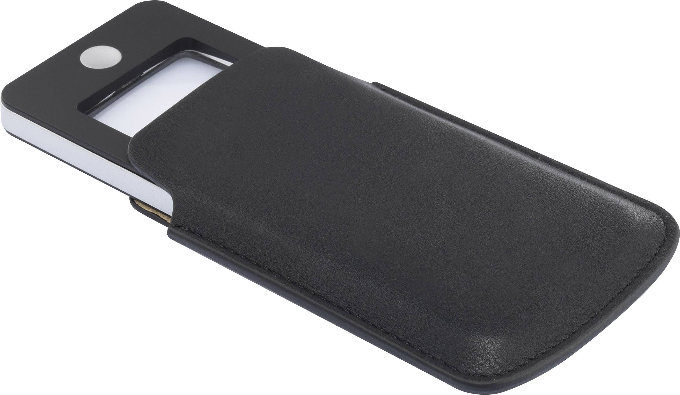 Black leather case with a mobile phone or device partially protruding from it.