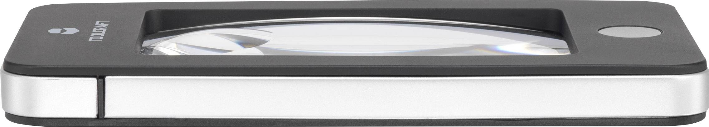 Lens-like object, flat and rectangular, with a large lens in the centre and a round button on the side.