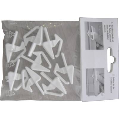 A packaging with white plastic clips and an instruction manual shows how to attach them to a rectangular object.