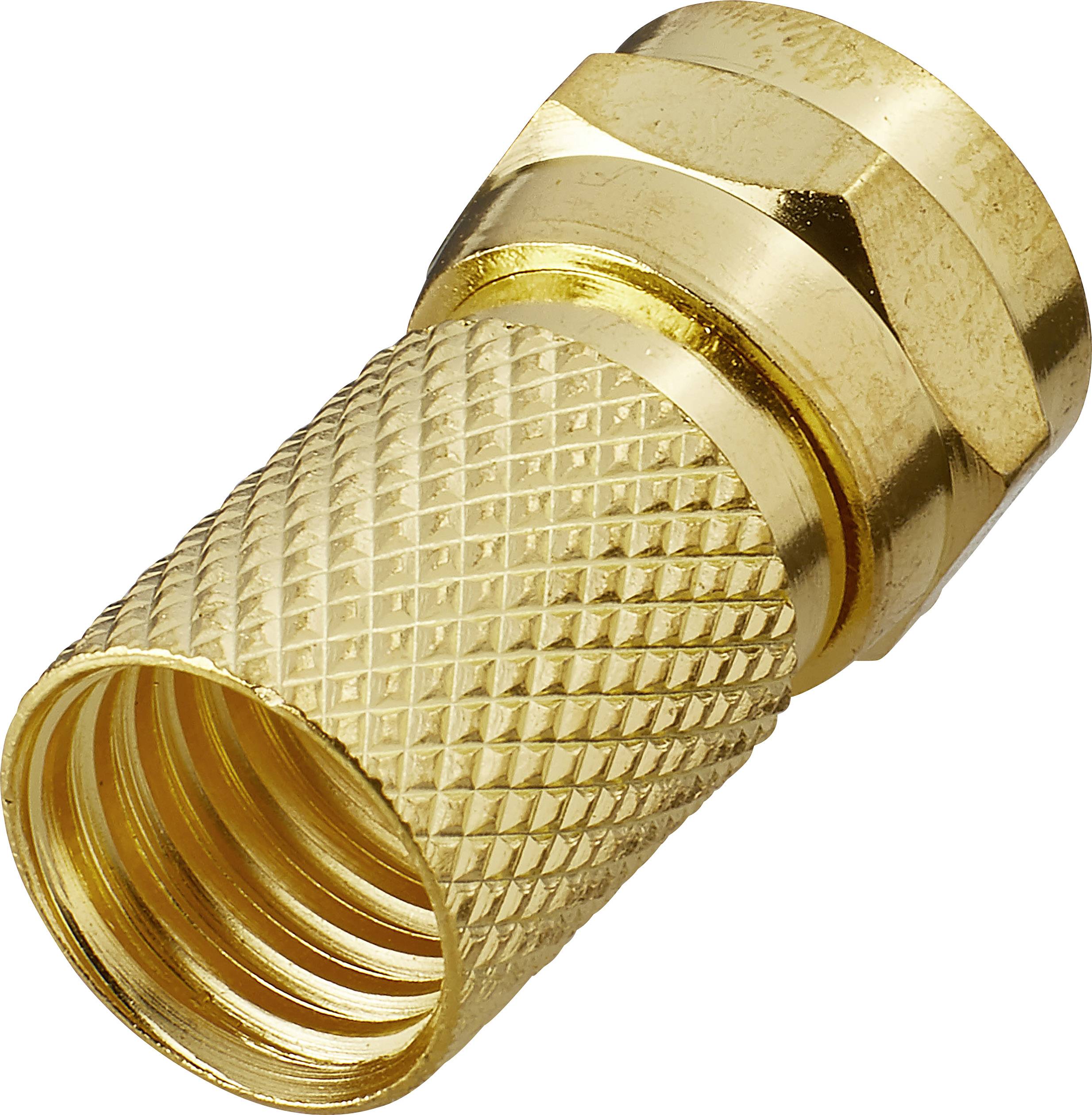 A gold-coloured coaxial plug with a knurled surface. It is used for TV and internet connections.
