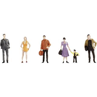 Five miniature figures: Two men in suits, a woman in an orange dress, a woman in a purple dress holding a child's hand.