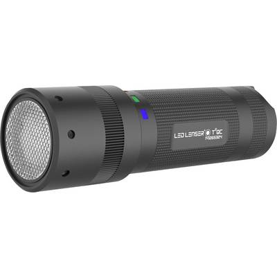 A black LED torch with a textured grip and side lettering, designed to look streamlined and portable.